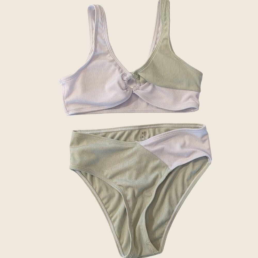 Sage Green Ribbed Bikini Set Tween Colorblock Ring Detail Swimwear 12-13Y